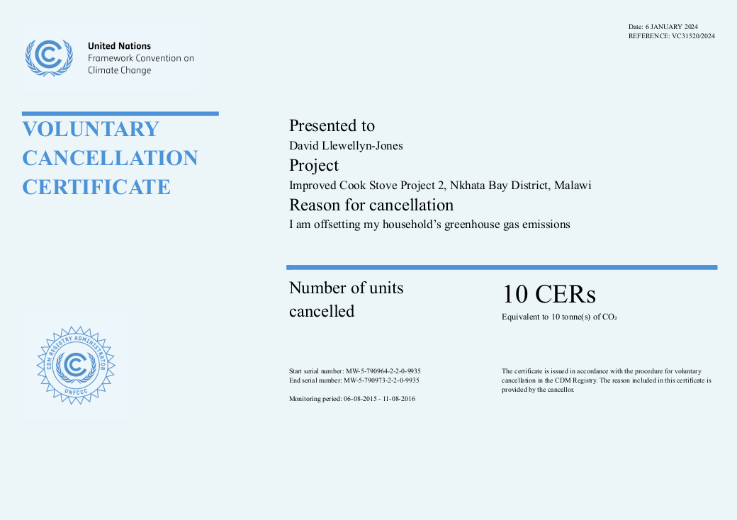 Cancellation Certificate from offset.climateneutralnow.org, 10 CERs, equivalent to 10 tonnes of CO2