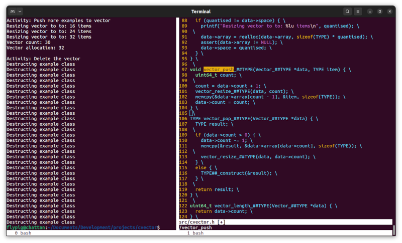 Console output with two panes showing the result of executing the code in the left pane and the code from cvector.h in the right pane. The execution ends with 30 calls to the destructor of the Example class when the vector is deleted.