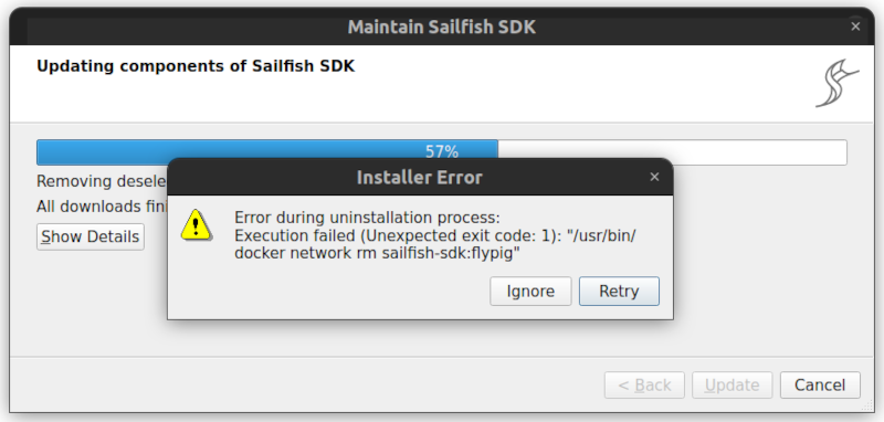 The SDKMaintenanceTool showing an error: Execution failed.