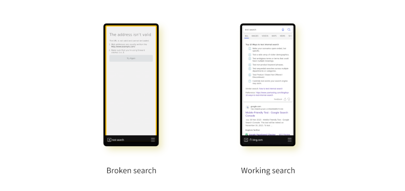 Two phone screenshots; on the left the search shows an error; on the right a bing search for the phrase "test search"