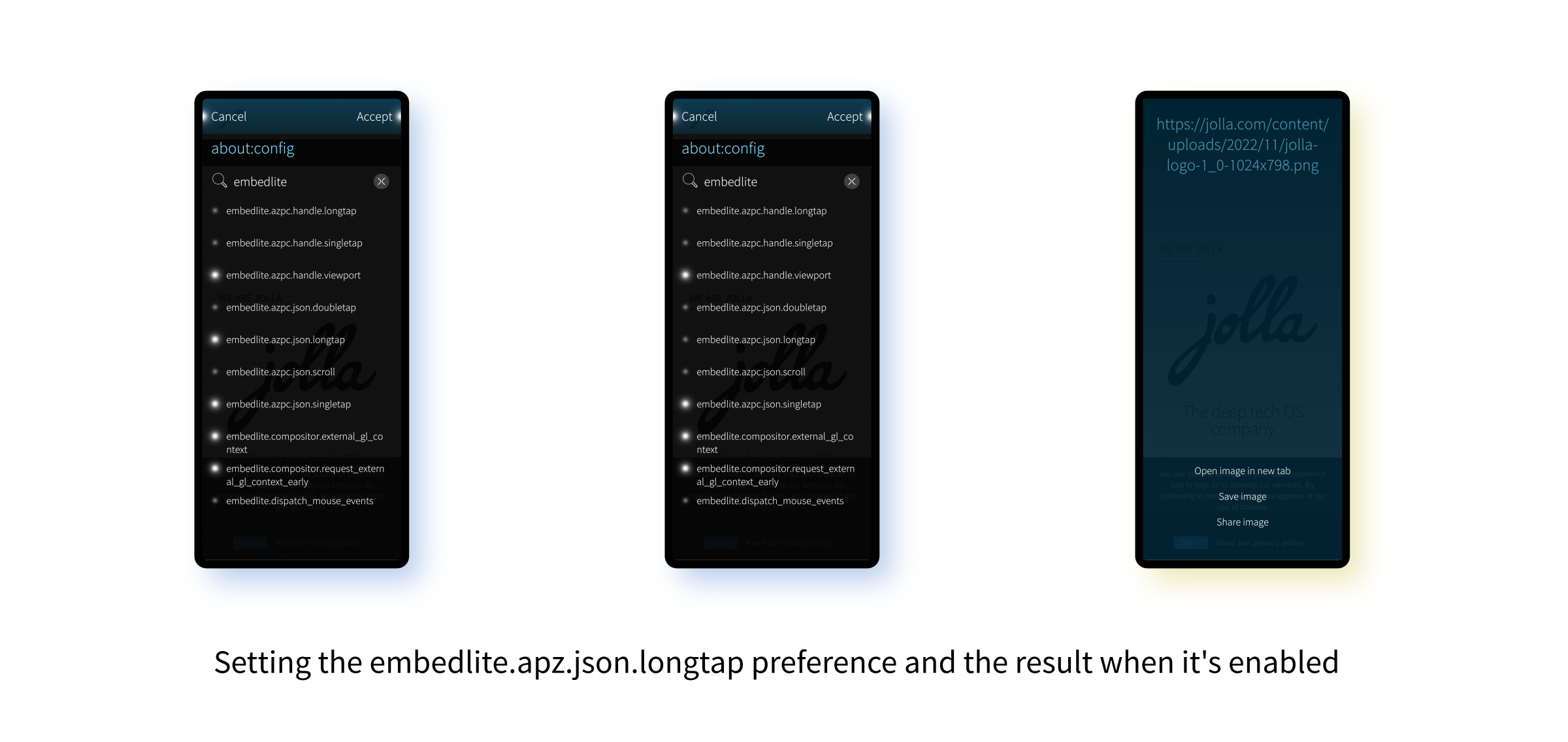 Three phone screenshots: about:config page showing embedlite.apz.json.longtap checked; a page showing it unchecked; and a page showing the result of long-tapping on an image when the option is enabled, with the option to save the image out