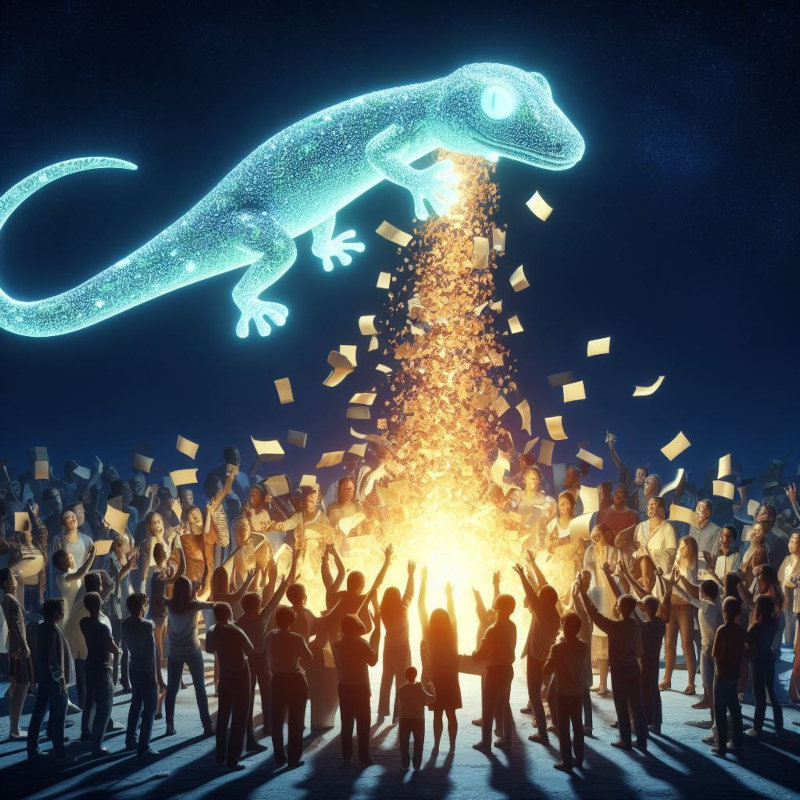 A gecko lizard made up of light floating in the air. Below a crowd of people throw papers into the air which are sucked up into the gecko. It's as strange and wonderful as it sounds.