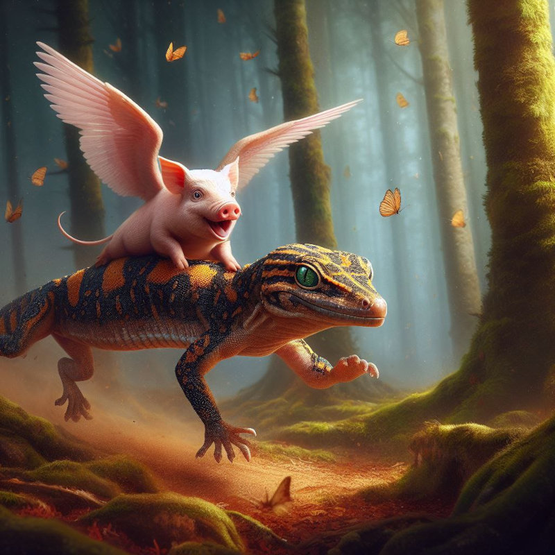 A lizard running through an autumnal forest carrying a pig (with wings) on its back