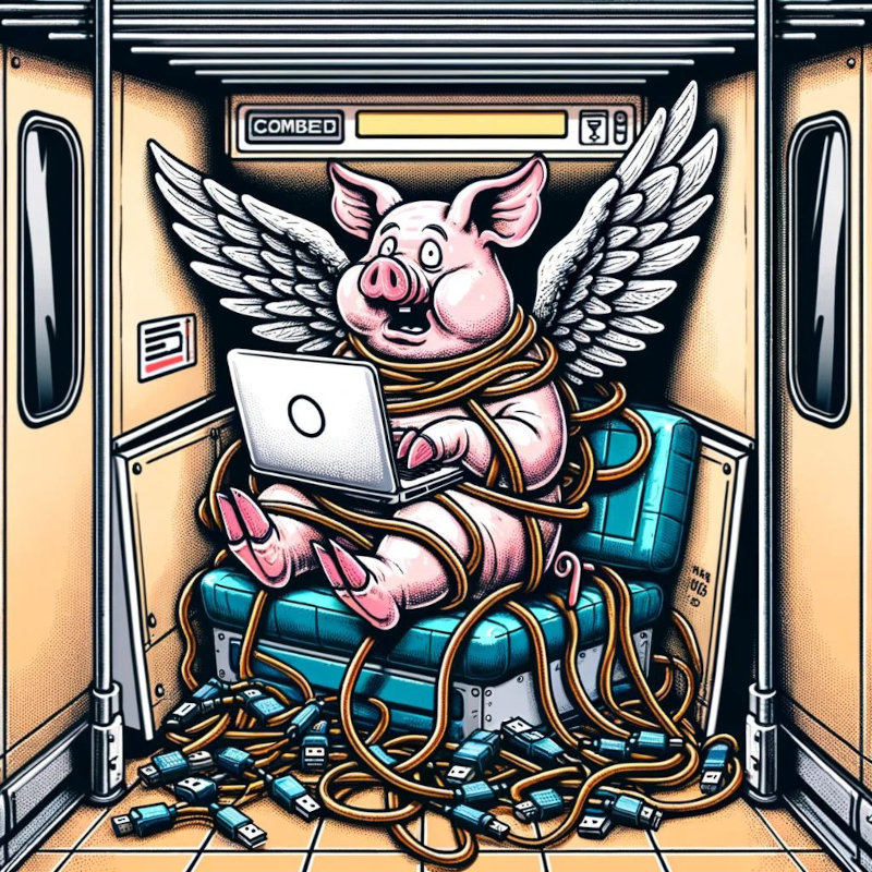 A pig with wings sitting in the storage department of a train with a laptop on its lap, entangled into way too many usb cables.