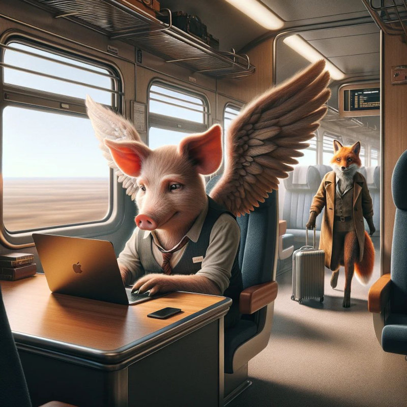 A pig with wings wearing a suit sits at in a train at a table using a laptop; resting on the table is a phone and in the background a fox enters the carriage wheeling a case