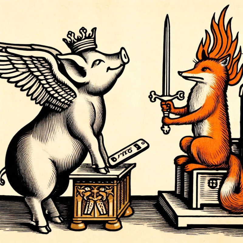 A medieval style block-carved image, mostly black and white, with a flying pig on the left, its front hoofs on a golden stool, holding a mobile phone. On the right an orange fox sits on a throne holding a sword upright with flames on its head (a Firefox!)
