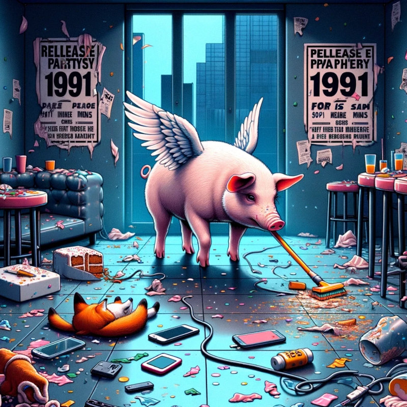 Tidying up after the party! A pig with wings in a room, detritus strewn everywhere including phones, cake half drunk glasses of unknown liquid and wires. A fox lies on the floor asleep.