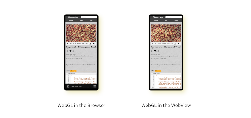 Two screenshots, both look identical with WebGL content; on the left the browser, on the right the WebView; shader written by Shane