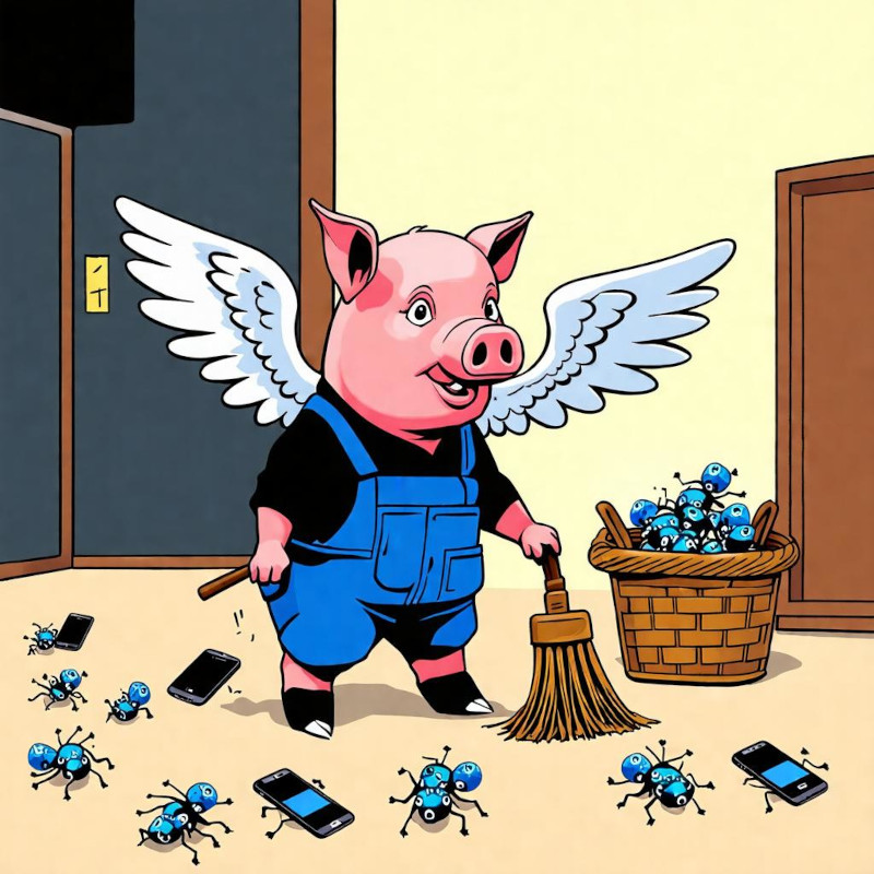 A pig with wings, dressed like a janitor, little smartphones are running around on their legs on the floor like little bugs. The pig sweeps a few of them into a basket with a broom.