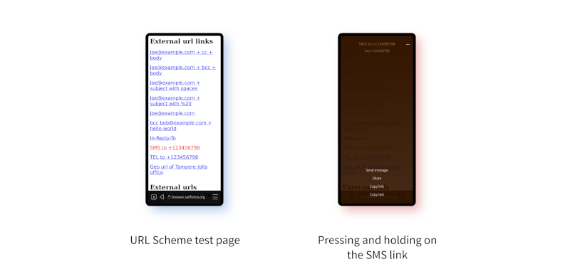 Two screenshots. On the left the test page showing various links, including for sending emails, SMS links and phone links. On the right is the popup window that appears from pressing and holding on an SMS link.