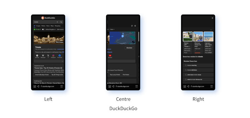 DuckDuckGo rendered on a phone showing results from the search term 'trieste'; the three images (left, centre and right) show it extending across three widths of the screen.