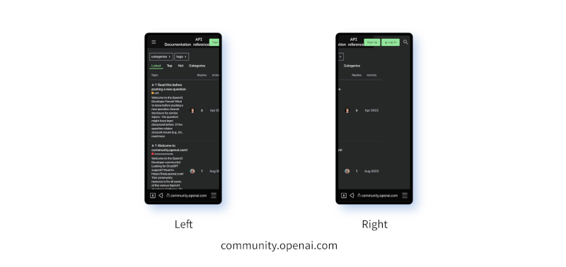 Screenshots from a phone of community.openai.com; the two images left and right, show the main forum page extends across two widths of the screen.