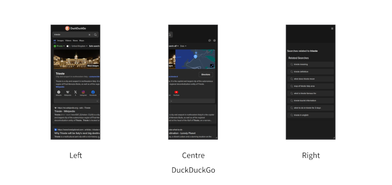 Screenshots from desktop Firefox but with the screen width reduced, showing DuckDuckGo spanning three screen widths.