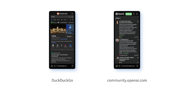 Two screenshots; on the left DuckDuckGo and on the right community.openai.com. Both exactly span a single width of the screen.