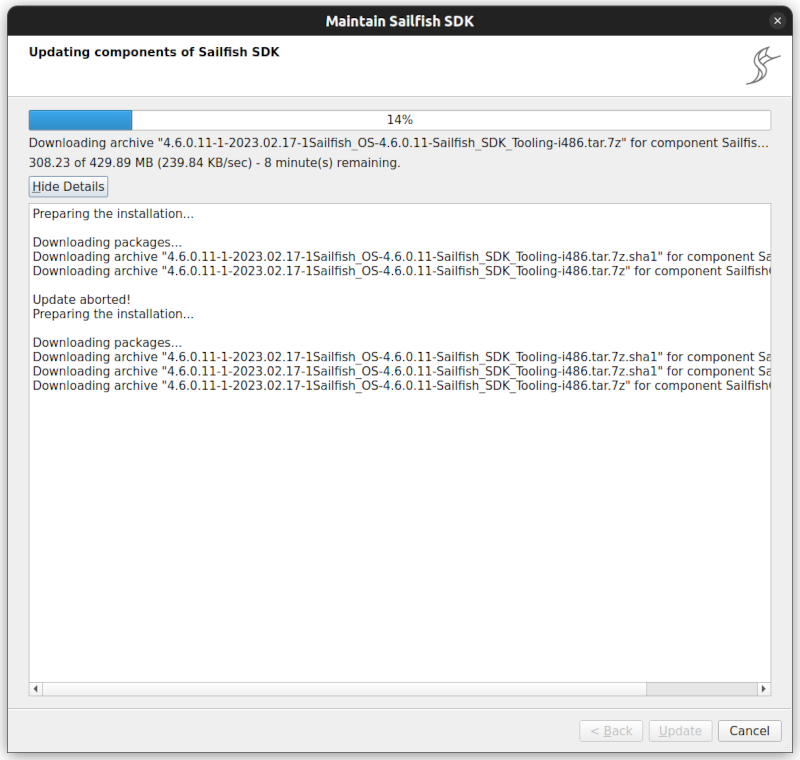 The Sailfish SDK upgrader dialogue running on Linux showing the download progress (308.23 of 429.89 MB - minutes remaining) for 4.6.0.11.