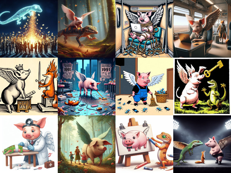 Montage of Thigg's images, twelve in total, all colourful flyping pigs in various situations, with quite a few geckos and foxes as well.