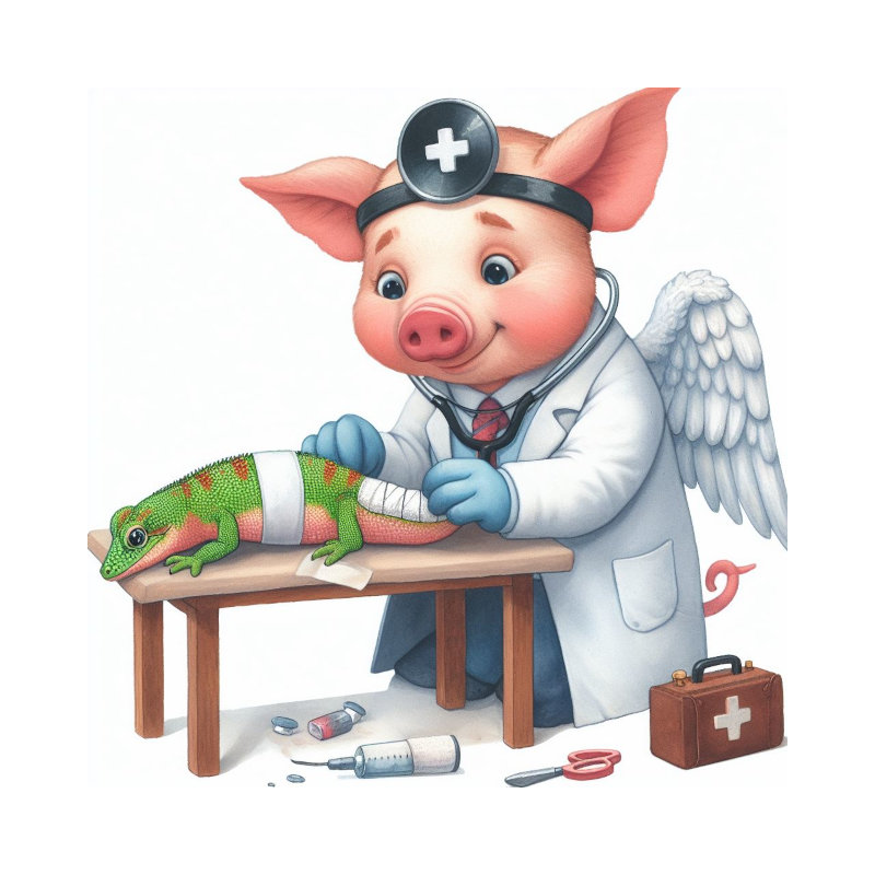 A pig with wings dressed as a doctor fixing the limb of a gecko with a bandage on a surgery table. Comic style.