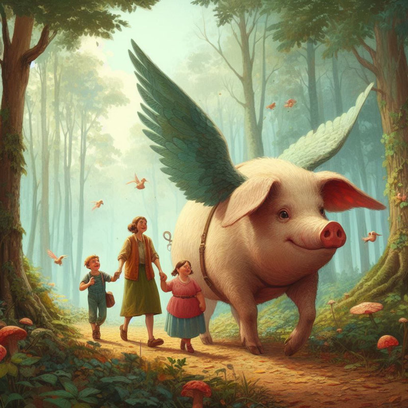 A woman and two children walk on a path alongside a pig with wings in an autumnal forest. The pig is taller than the people, the path is surrounded by treas and mushrooms and many smaller winged pigs fly in the air.