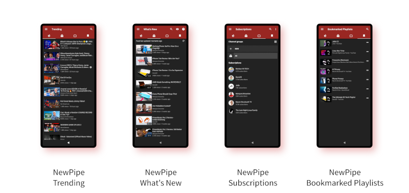 The four main tabs of the NewPipe Android app: Trending, What's New, Subscriptions and Bookmarked Playlists.